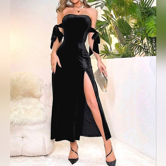 * NEW Glam Velvet Tie Sleeve Off Shoulder Split Long Dress Black - Picture 4 of 8